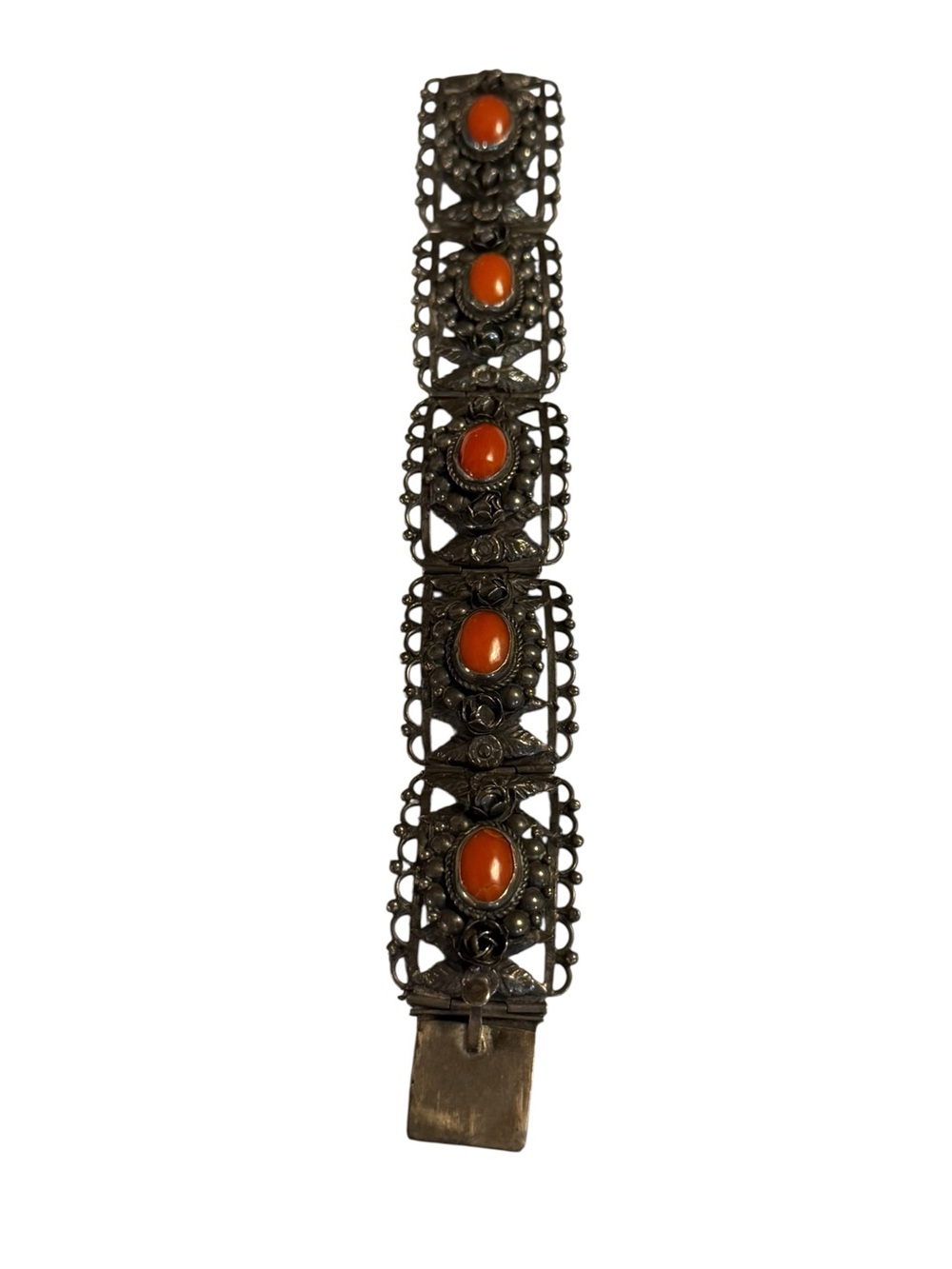 Vintage 1930's Etruscan Revival Franconeri Red Coral 800 Silver Hinged Bracelet - Picture 10 of 10